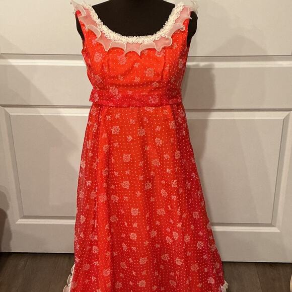 Nadine Vintage 60s 70s Red White Lace Ruffle Formal Prom Prairie Dress Size 5 - Picture 2 of 16